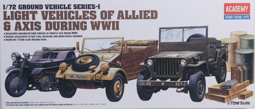 Modeling vehicles Jeep, Kubelwagen - Volkswagen Typ 82, Sd.Kfz.2 Kettenkrad, ref. 13416, 1/72, Academy
