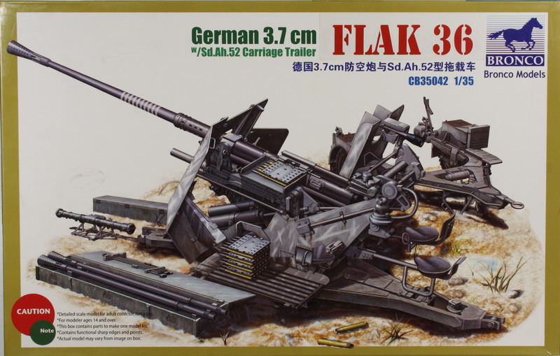 Modeling cannon, antiaircraft gun Flak 36, 3-7 cm, with Sd. Ah. 52, carriage tráiler, ref. CB 35042, 1/35, Bronco