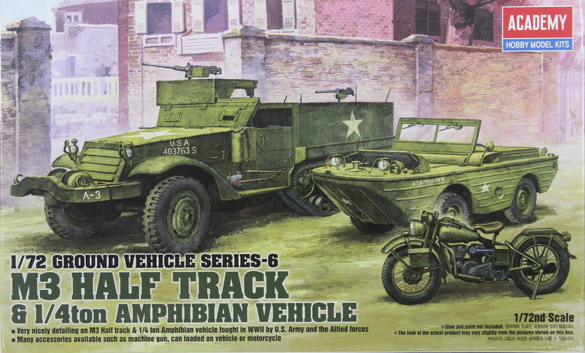 Modeling vehicles half track M-3, Jeep ¼ ton. Amphibian & motorcycle, ref. 13408, 1/72, Academy