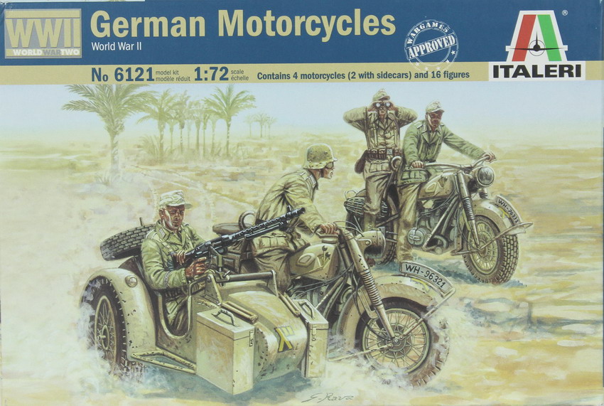 Modeling motorcycles, 4 motorcycles (2 with sidecars) + 16 figures, ref. 6121, 1/72, Italeri