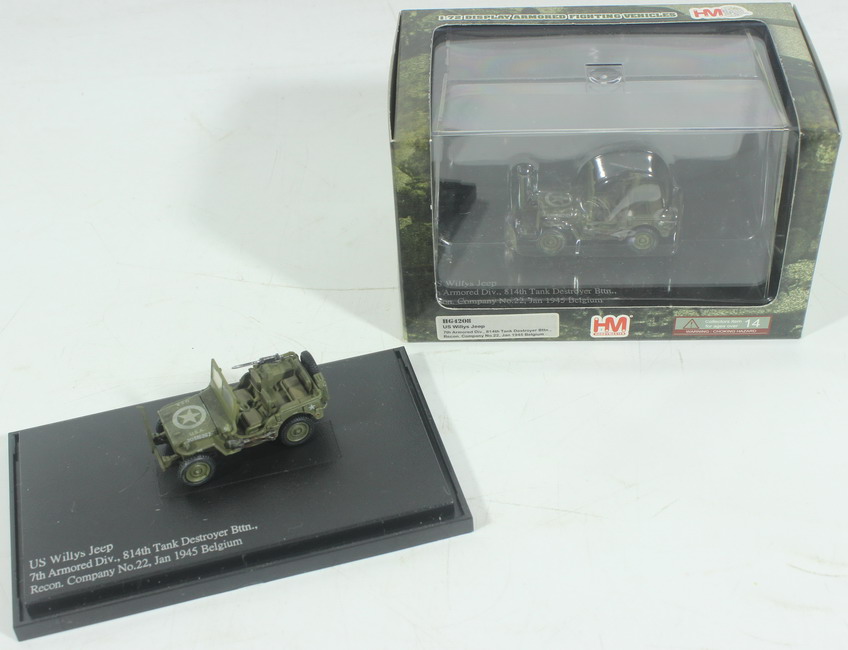 Modeling vehicle Jeep Willys, 7 Th. Armored división, 1945 Belgium, assembled and painted, ref. HG 4208, 1/72, Hobby Masters