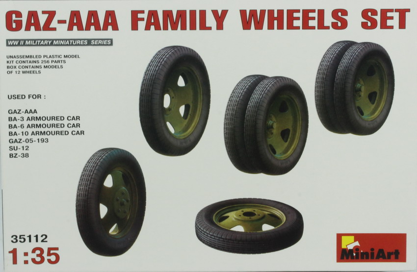 Modeling accesories wheels GAZ-AAA, BA-3 – 6- 10, Gaz, Su-12, Bz-38, ref. 35112, 1/35, Miniart