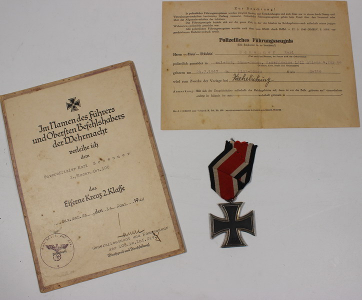Insignia Iron Cross of 2 class + certificate of award + police certificate of a sergeant, original German World War II
